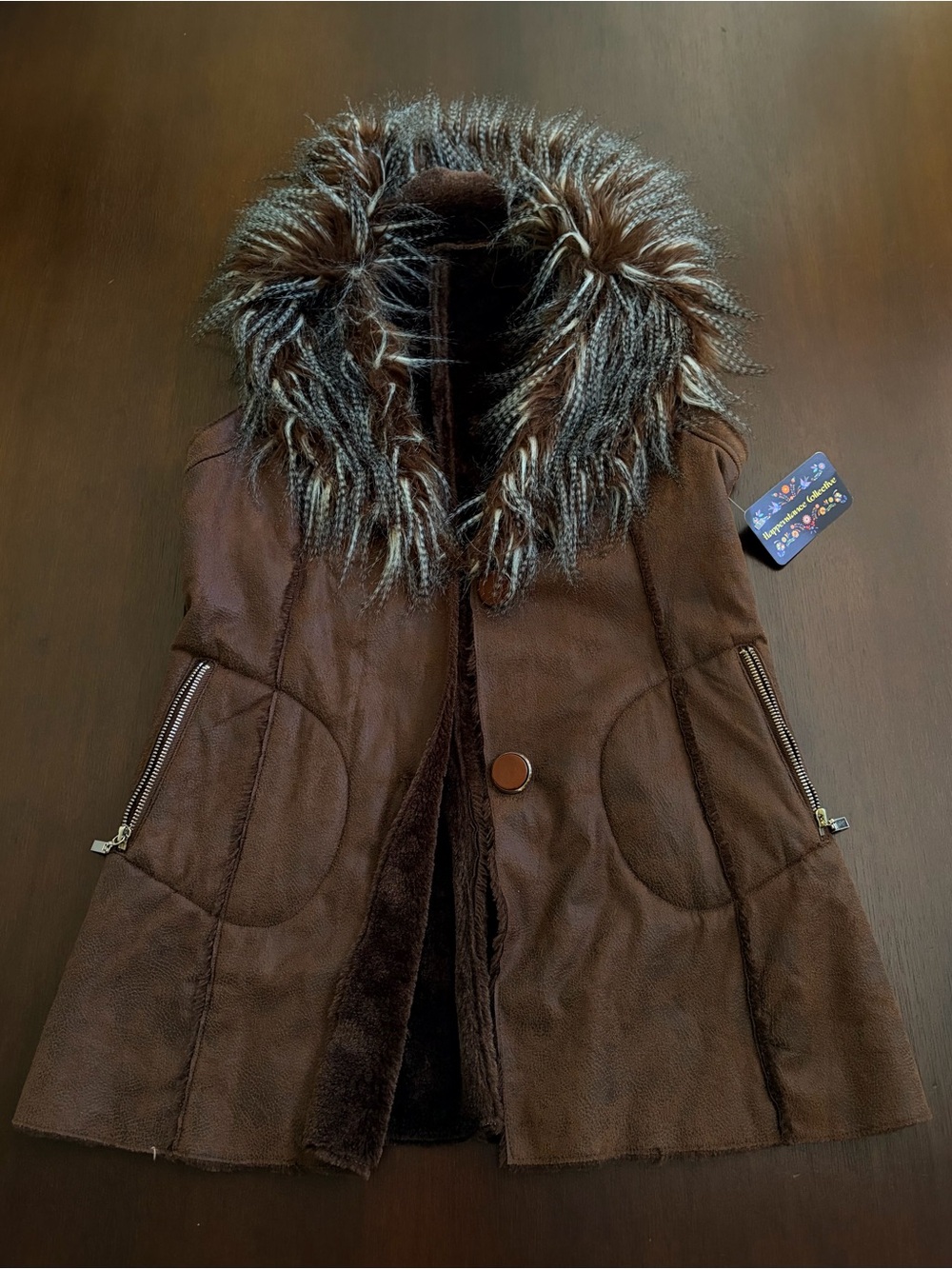 Women's Brown Faux-Suede Sleeveless Vest with Faux-Fur Trim Hood